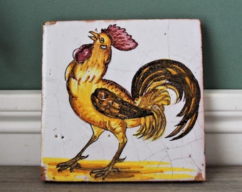 Rooster Tile w/ Wood Stand, Hand Painted 5.5 x 5.5 Folk Art Ceramic Pottery Tile, Chicken, Hen Rooster Old Vintage Artisan Tile, Collectible