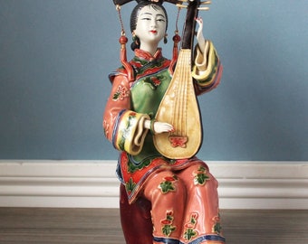 Chinese Shiwan Figurine w/ Musical Instrument Collectible Elegant Asian Female Statue Sculpture Vintage Porcelain Ceramic Musician Pipa