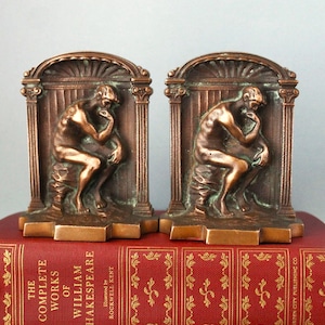 Vintage Brass & Copper &quot;The Thinker&quot; Bookends: Rodin Style Library Décor, Vintage Pair