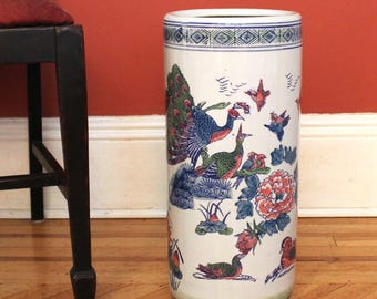 Asian Umbrella Stand 18&quot; Tall, Large Chinese Ceramic Container, Peacocks, Birds, Lotus Flowers, Pine Trees, Entry Hallway Décor, Vintage