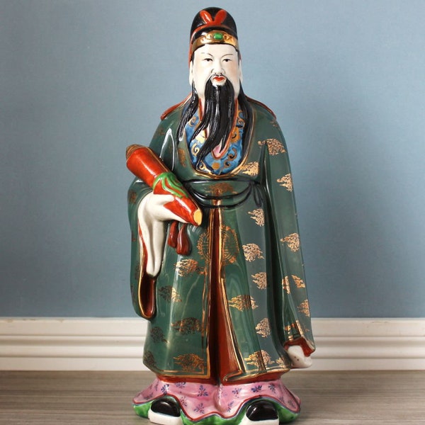 Grande statue de divinité chinoise 33 cm de haut bonne fortune vintage Fu Xing figurine immortelle Lucky Fu Lu Shu érudit asiatique de collection Wiseman