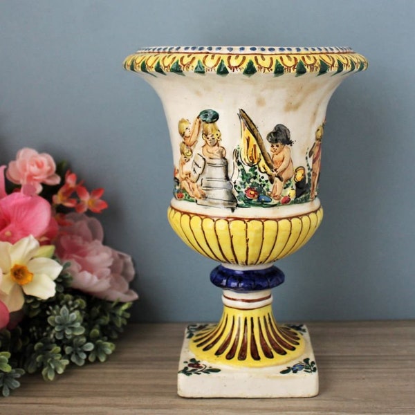 Large Hand Painted Cachepot Urn Planter Vase with Putti Cherubs Cache Pot Vintage Dining Decorative Centerpiece Neoclassical Design Italy