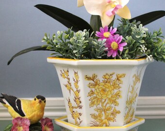 Hexagon Flowerpot w/ Drainage and Saucer Tray, Porcelain Yellow & White Floral Design, Garden Décor, Flower Planter, Orchid Pot, Vintage