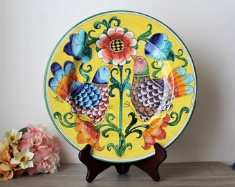 Large Pottery Platter 13.75" Wall Hanging by APOLITO, Stunning Colorful Display Plate w/ Stand Yellow Bird & Flower Motif Primitive Vintage