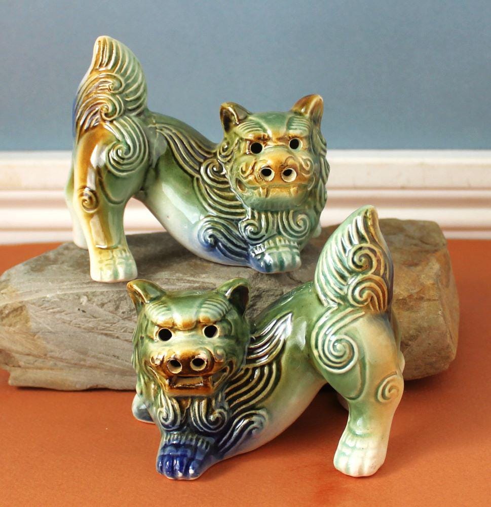 Chinese Foo Dog Figurine Small Pair Ceramic Green & Blue Chinese Foo Dog Figurine Small Pair Ceramic Green & Blue