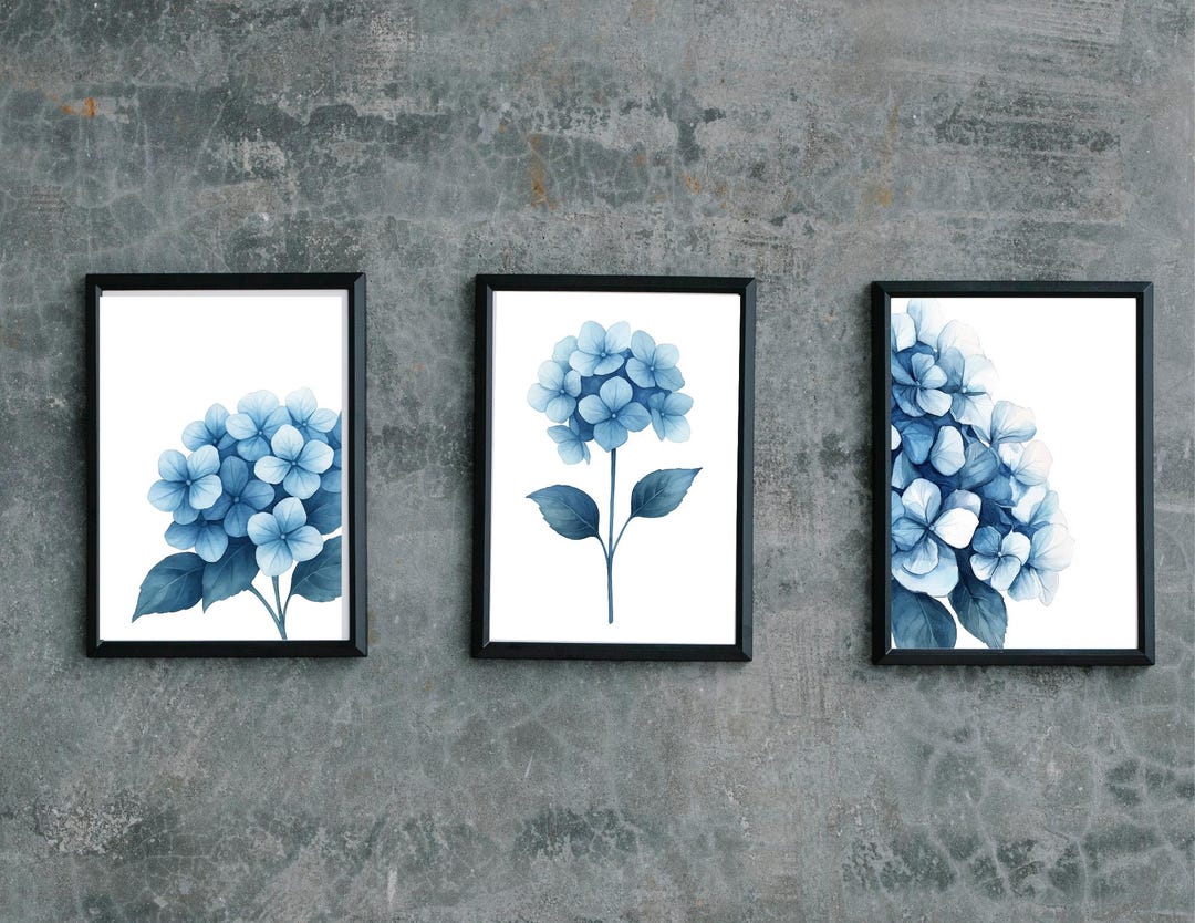 Blue Hydrangea Wall Art Print Set of 3, Modern Minimalist Posters - Etsy