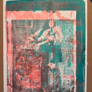 May include: Abstract print with a figure in teal and white, framed by a pink and teal border. A red, textured shape is in the lower left corner. The print is on white paper.