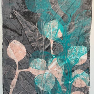 May include: Abstract botanical print featuring teal and peach-colored leaves and stems against a dark gray background. The artwork has a textured appearance, with visible brushstrokes and a unique artistic style. The artist's signature is in the bottom right corner.