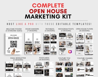 Op de afbeelding: Een grafisch ontwerp sjabloonkit voor open huis marketing. De kit bevat welkomstposters, deurhangers, textables, Instagram-berichten, open huis flyers, e-mailnieuwsbrieven, ansichtkaarten, YouTube-titel schermen, YouTube-kanaal kunst, YouTube-intros en YouTube-miniaturen.