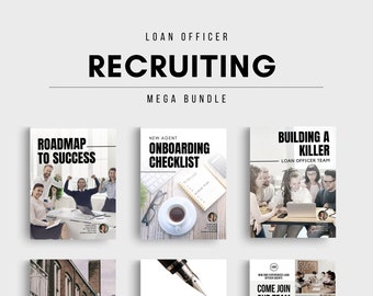 May include: A collection of five recruitment guides for loan officers. The guides are titled "Roadmap to Success", "New Agent Onboarding Checklist", "Building a Killer Loan Officer Team", "Supercharge Your Hiring This Season", and "Come Join Our Team".