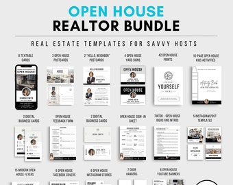 Op de afbeelding: Een digitaal downloadpakket met vastgoed sjablonen voor open huizen. Het pakket bevat 8 tekstkaarten, 3 open huis ansichtkaarten, 2 "Hallo, buurman" ansichtkaarten, 4 open huis bordjes, 42 open huis prints, 16 pagina's met open huis activiteiten voor kinderen, 2 digitale visitekaartjes, een open huis feedback formulier, 2 digitale visitekaartjes, een open huis incheck formulier, TikTok en open huis ideeën en intro's, 5 Instagram post sjablonen, 15 moderne open huis flyers, 6 open huis Facebook covers, 6 open huis Instagram stories, 7 deurhangers en 6 open huis YouTube banners.