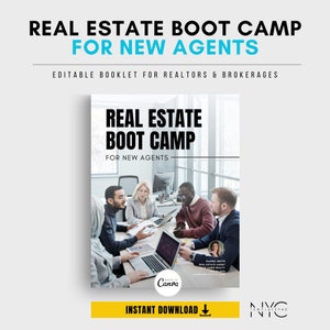 May include: A promotional image for a real estate boot camp for new agents. The image features the text "REAL ESTATE BOOT CAMP FOR NEW AGENTS" in black and teal. The image also includes a photo of a group of people in a meeting.