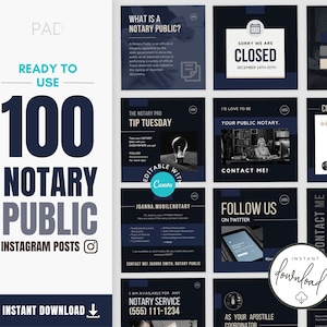 100 Notary Public INSTAGRAM Posts | CANVA Templates | Loan Signing Agent Branding, Notary Branding Marketing Bestseller Social Media Bundle