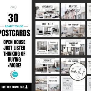 Op de afbeelding: Een set van 30 aanpasbare ansichtkaarten voor makelaars. De ansichtkaarten bevatten verschillende afbeeldingen van huizen en vastgoedgerelateerde tekst zoals "Open huis", "Net op de markt", "Denkt u aan kopen" en "Eigendom".