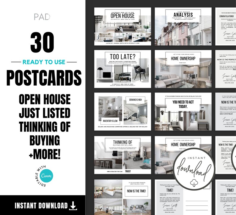 Op de afbeelding: Een set van 30 aanpasbare ansichtkaarten voor makelaars. De ansichtkaarten bevatten verschillende afbeeldingen van huizen en vastgoedgerelateerde tekst zoals "Open huis", "Net op de markt", "Denkt u aan kopen" en "Eigendom".