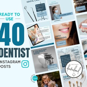 Może przedstawiać: Zestaw 40 postów na Instagram dla dentystów, gotowych do użycia. Projekt zawiera obrazy związane z opieką stomatologiczną, wybielaniem zębów i higieną jamy ustnej. Zawiera tekst "Ready to Use", "Dentist" i "Instagram Posts".