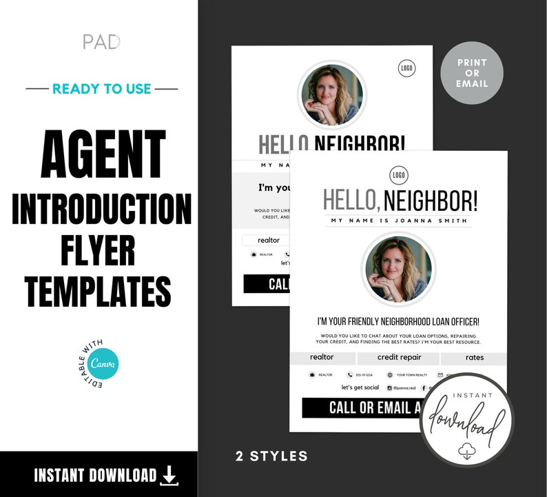 Op de afbeelding: Twee zwart-witte flyer-sjablonen voor makelaars. De bovenste sjabloon zegt "Hello Neighbor!" en de onderste sjabloon zegt "Hello, Neighbor!" met de tekst "My name is Joanna Smith". Beide sjablonen hebben een foto van een vrouw en de tekst "I'm your friendly neighborhood loan officer!"
