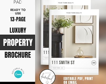 Peut inclure: Modèle de brochure immobilière de luxe de 13 pages avec un design moderne. La couverture présente une photo d'une cheminée et d'une œuvre d'art, avec le texte "111 Smith St" et "Your Town, USA". La brochure est modifiable dans Canva et est un téléchargement instantané.