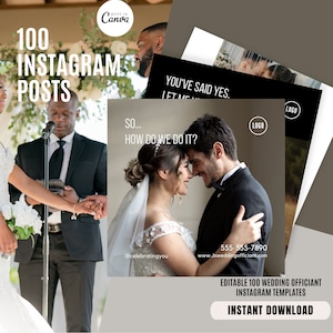 100 Wedding Officiant Instagram Posts Pack | Wedding Officiant Social Media Marketing | Bestseller CANVA Templates for Wedding Officiant