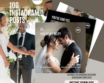100 Wedding Officiant Instagram Posts Pack | Wedding Officiant Social Media Marketing | Bestseller CANVA Templates for Wedding Officiant