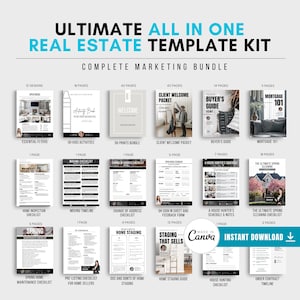 May include: A collage of images showcasing a real estate marketing template kit. The kit includes 15 designs, 18 pages of activities for kids, 42 pages of printable items, a client welcome packet, a buyer's guide, and a mortgage 101 guide. The kit also includes checklists for home inspection, moving timeline, change of address, open house feedback, house hunter's schedule and notes, spring cleaning, spring home maintenance, pre-listing, home staging, and under contract timeline.