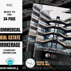 May include: A 34-page commercial real estate brokerage company showcase template. The template is editable with Canva and includes the text "Your Gateway to Prime Opportunities, Prime Commercial Realty".