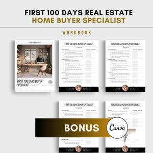 Real Estate BUYER SPECIALIST Workbook - First 100 Days | Editable Canva Template for Realtors | Success Checklist & Bonus Metrics Tracker