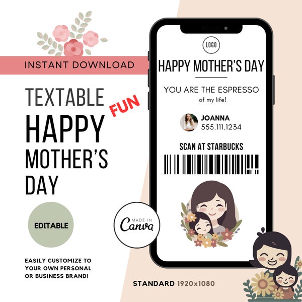Mother's Day Coffee Textable Gift Card | Coffee Starbucks Editable Digital Card | Mothers Day Mom Mama Card | Coffee Text Message SMS Love