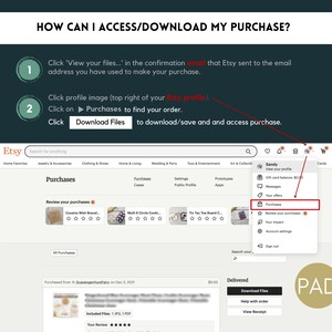 May include: A screenshot of the Etsy website showing how to access and download purchased digital files. The image shows a user's profile, a list of purchases, and a dropdown menu with options for viewing files, reviewing purchases, and managing account settings.