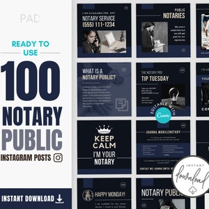 100 Notary Public INSTAGRAM Posts | CANVA Templates | Loan Signing Agent Branding, Notary Branding Marketing Bestseller Social Media Bundle