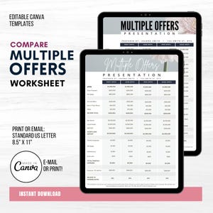 May include: A digital worksheet for comparing multiple offers. The worksheet includes columns for offer, down payment, mortgage, annual salary, and other income. The worksheet also includes columns for net worth, liquid assets, assets less deposit, monthly expenses, and total monthly expenses. The worksheet is titled "Compare Multiple Offers Worksheet".