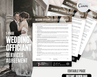 Super Short, Effective, Only 1 Page Editable Wedding Officiant Contract  | Printable Wedding Officiant Agreement | Bestseller CANVA Template