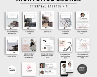 May include: A collection of marketing materials for a mortgage broker, including guides, flyers, and social media templates. The kit features various designs for Instagram and Facebook, with the text "MORTGAGE BROKER ESSENTIAL STARTER KIT".