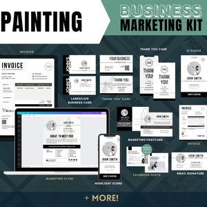 May include: A business marketing kit for a painting company. The kit includes an invoice, thank you card, ID badge, landscape business card, marketing flyer, marketing postcard, Facebook posts, email signature, and highlight icons. The kit features a baseball player theme with a black and white color scheme.