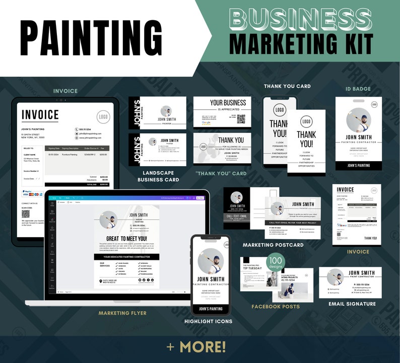 May include: A business marketing kit for a painting company. The kit includes an invoice, thank you card, ID badge, landscape business card, marketing flyer, marketing postcard, Facebook posts, email signature, and highlight icons. The kit features a baseball player theme with a black and white color scheme.