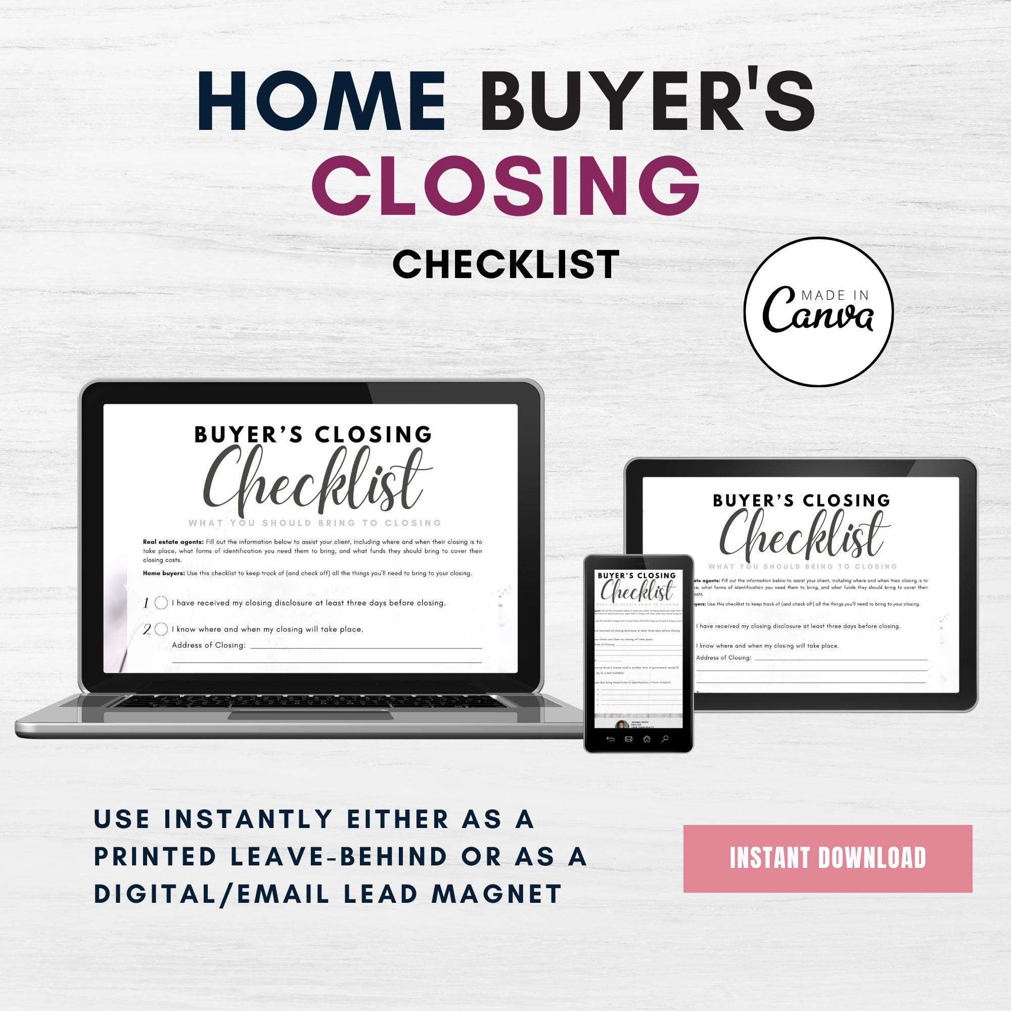 Real Estate Buyer Closing Checklist: Realtor CANVA Template (printable ...