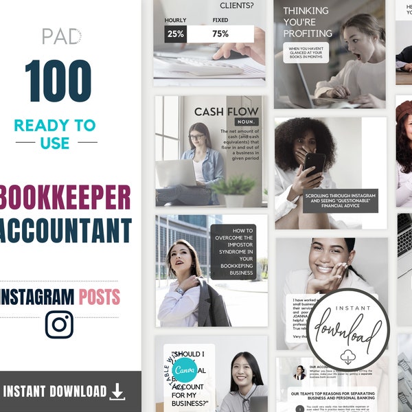 100 Instagram Post Templates for Accountants Bookkeepers | Creative Accountant Instagram Templates | Accountant Social Media Marketing CANVA