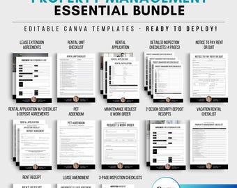 May include: A collection of 14 black and white printable property management templates for Canva. The templates include lease extension agreements, rental unit checklists, rental applications, detailed inspection checklists, notice to pay rent or quit, rental application with checklist and deposit agreements, pet addendum, maintenance request and work order, 2-design security deposit receipts, vacation rental checklist, rent receipt, lease amendment, and 3-page inspection checklists. The templates are labeled with their respective titles and are ready to be downloaded and used.