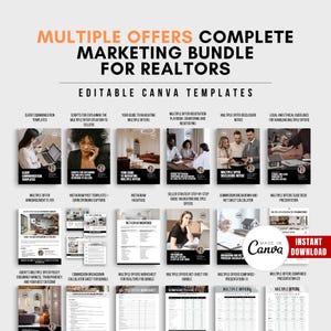 May include: A collection of 16 Canva templates for real estate agents, featuring a variety of marketing materials, including client communication templates, social media posts, and worksheets. The templates are designed to help real estate agents navigate multiple offers and provide guidance on ethical and legal considerations.
