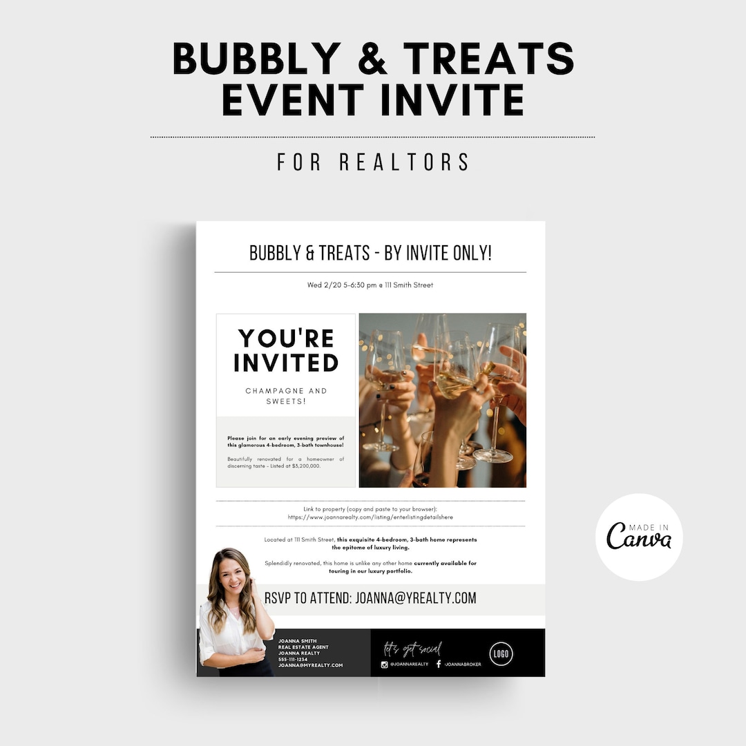 Realtor Open House Invite Bubbly Treats Editable Canva Template