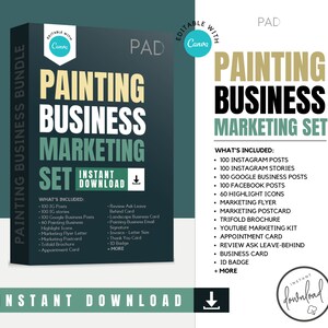 May include: A dark blue and green digital download graphic for a painting business marketing set. The graphic features the text "Painting Business Marketing Set" and a list of what's included, such as Instagram posts, Google business posts, and marketing flyers. The graphic also includes the text "Instant Download" and a download arrow.