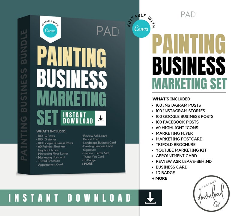 May include: A dark blue and green digital download graphic for a painting business marketing set. The graphic features the text "Painting Business Marketing Set" and a list of what's included, such as Instagram posts, Google business posts, and marketing flyers. The graphic also includes the text "Instant Download" and a download arrow.