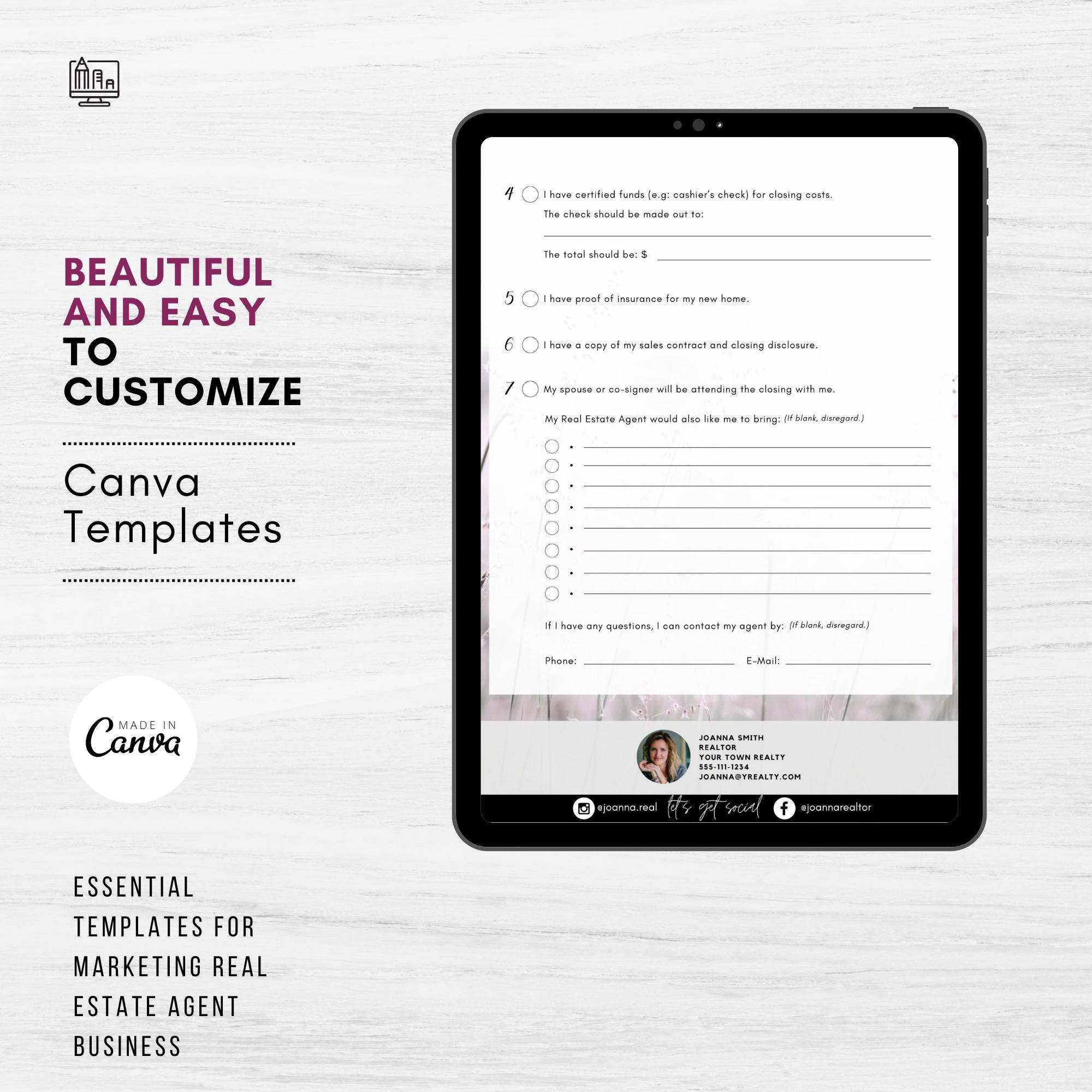 Real Estate Buyer Closing Checklist: Realtor CANVA Template (printable ...
