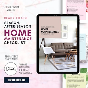 K&ouml;nnte beinhalten: Ein digitales Tablet zeigt eine Checkliste f&uuml;r die saisonale Hauswartung. Die Checkliste tr&auml;gt den Titel "Seasonal Home Maintenance Checklist". Das Tablet befindet sich auf einem Tisch mit einem wei&szlig;en Stuhl und einem braunen Sofa. Der Text "Ready to Use" befindet sich oben im Bild.