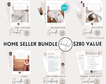 May include: A home seller bundle with a pink and white color scheme. The bundle includes a pre-listing packet, marketing guide, seller's guide, FSBO guide, the home sale roadmap, and an under contract timeline. The bundle is valued at $280.