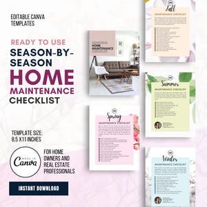 K&ouml;nnte beinhalten: Ein Satz von vier druckbaren Hauswartungs-Checklisten, eine f&uuml;r jede Jahreszeit. Die Checklisten sind in einem modernen Stil mit floralen Akzenten gestaltet und beinhalten eine Checkliste f&uuml;r jede Jahreszeit: Fr&uuml;hling, Sommer, Herbst und Winter. Die Checklisten sind 8,5 x 11 Zoll gro&szlig; und einsatzbereit.