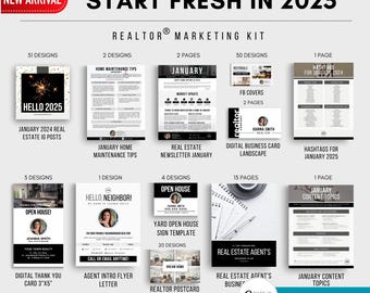 May include: A Realtor marketing kit with various designs for 2025, including social media posts, newsletters, business cards, and open house templates. The image features a "New Arrival" banner and the text "Start Fresh in 2025."