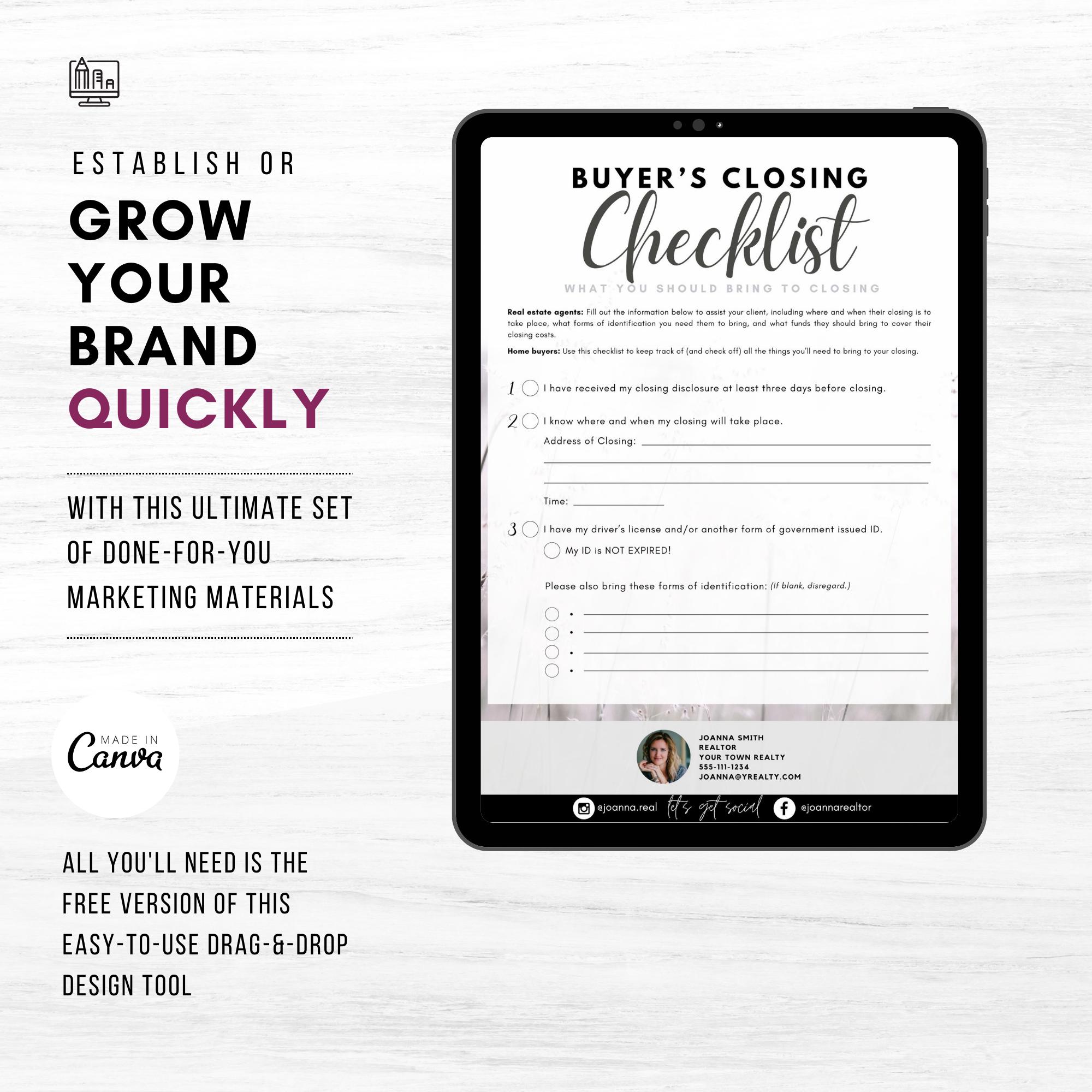 Real Estate Buyer Closing Checklist: Realtor CANVA Template (printable ...
