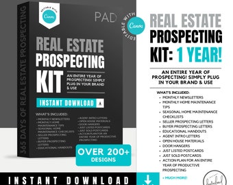 May include: Black and white digital download graphic for a real estate prospecting kit. The graphic features a black background with white text that says "Real Estate Prospecting Kit: 1 Year!" and "An entire year of prospecting! Simply plug in your brand & use". The graphic also includes a list of what's included in the kit, such as monthly newsletters, monthly home maintenance tips, seasonal home maintenance checklists, seller prospecting letters, buyer prospecting letters, educational handouts, agent intro letters, open house materials, door hangers, just listed postcards, just sold postcards, and an action plan for an entire year of productive prospecting.