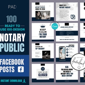 May include: A collection of 100 customizable Facebook post templates for notary public businesses. The templates feature a variety of designs with blue and white color schemes. The text "100 Ready to Use 100-Design Notary Public Facebook Posts" is displayed on the image.